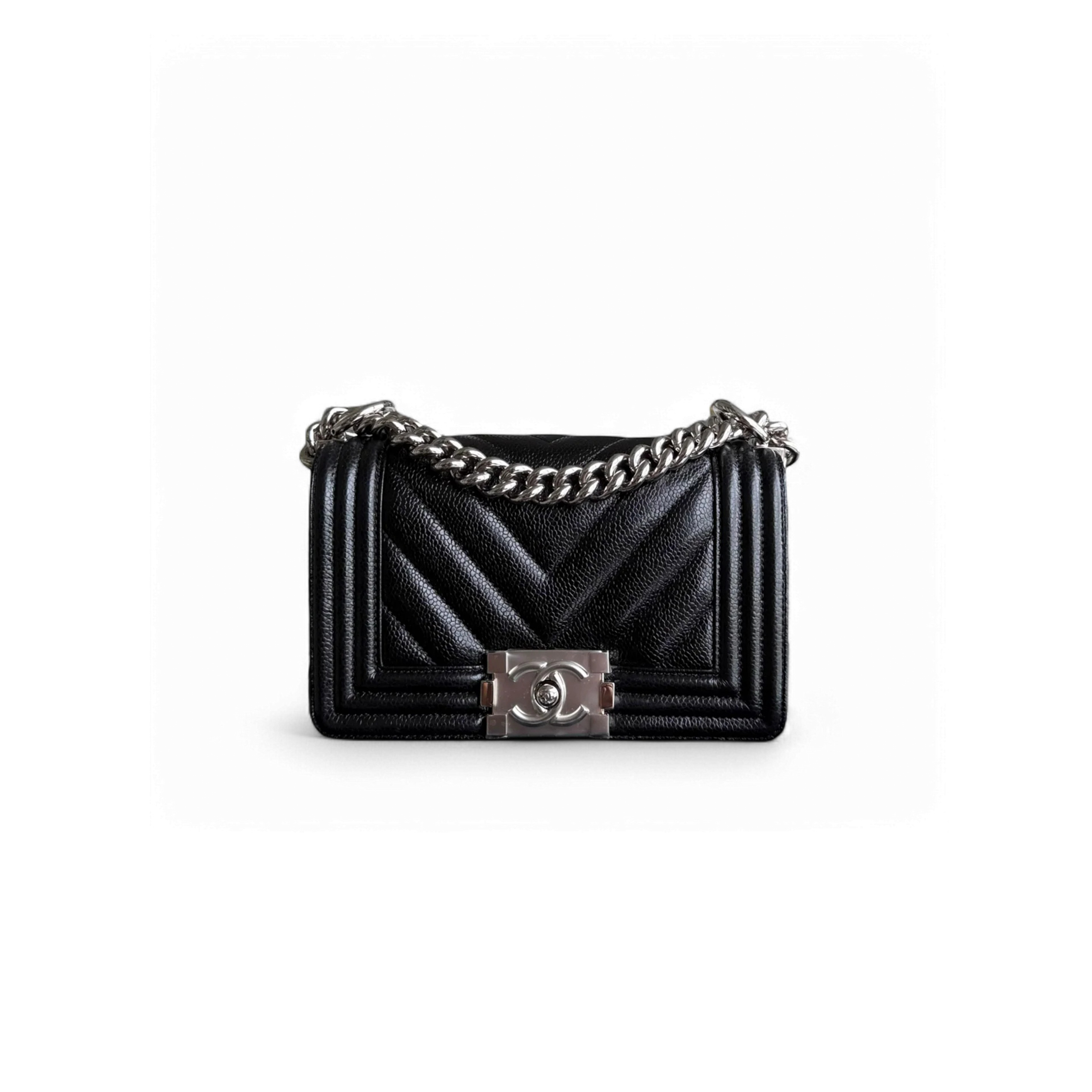 CHANEL BOY SMALL CAVIAR CHEVRON BLACK SILVER HARDWARE  (20*12*6cm)